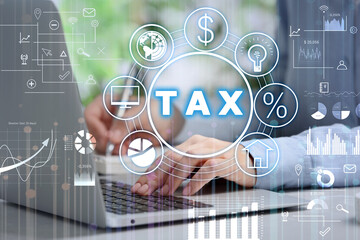 Tax concept. Scheme with icons, charts and man using laptop on background