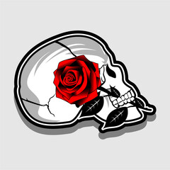 a skull tilted bit red rose vector face right