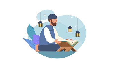Fototapeta na wymiar Muslim man reading the quran islamic holy book. Illustration logo