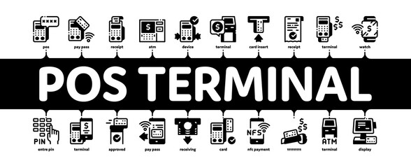Pos Terminal Device Minimal Infographic Web Banner Vector. Bank Terminal And Atm, Smartphone Nfc Pay System Application And Watch Pin Code And Money Illustration