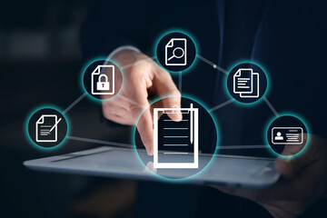 Man using tablet and document icons, closeup