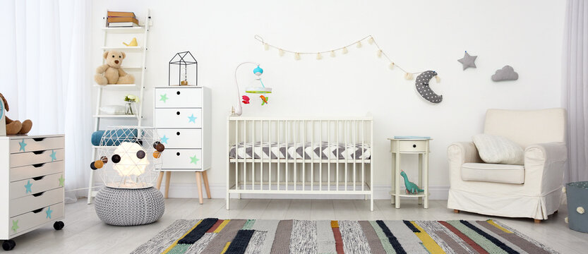 Baby Room Interior With Comfortable Crib. Banner Design