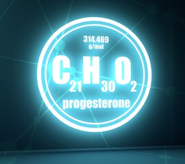 Progesterone hormone chemical formula. Biochemistry and gynecology illustration. Connected lines with dots background. 3D rendering. Neon shine
