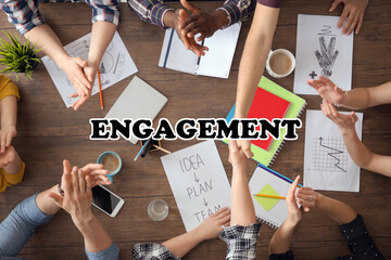 Engagement concept. People working together at table, top view