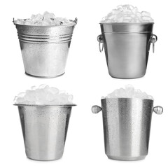 Set of different metal buckets with ice cubes on white background © New Africa