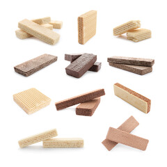 Set of different delicious crispy wafers on white background. Sweet food