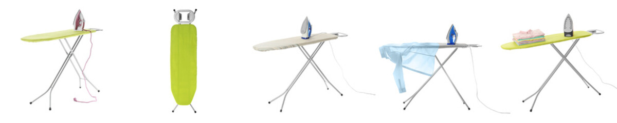 Set with modern electric irons and boards on white background. Banner design