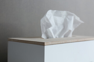 Holder with paper tissues on grey background, closeup