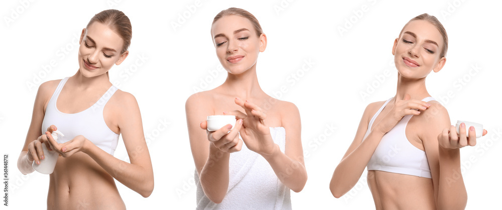 Sticker Collage of photos with young woman applying body cream on white background. Banner design