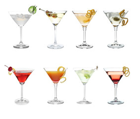 Set with different martini cocktails on white background