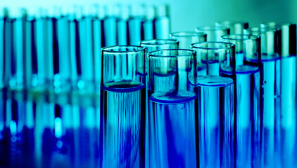 Test tubes with liquid against blurred background, closeup. Laboratory analysis