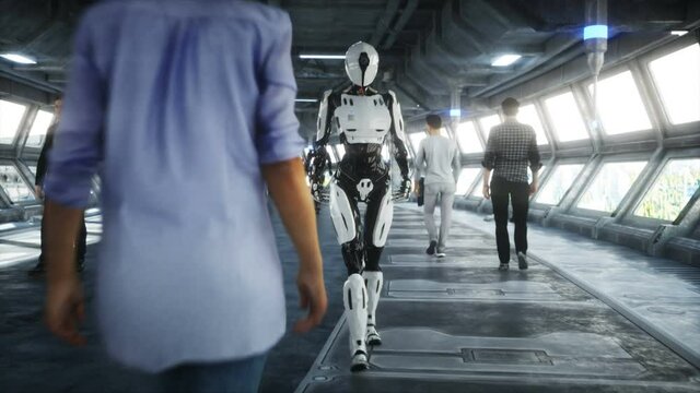 People and robots. Sci fi tonnel. Futuristic traffic. Concept of future. Realistic 4K animation.
