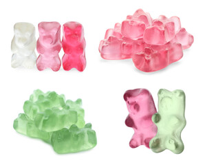 Set with delicious jelly bears on white background - obrazy, fototapety, plakaty