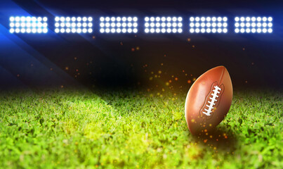 Leather American ball on green football field, space for text. Banner design