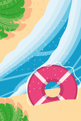 Beach with sea float and leaves top view detailed style icon vector design