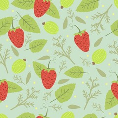 Seamless pattern with strawberries, leaves and gooseberry. Vector design for wallpaper, textile, background. Hand drawn illustration.