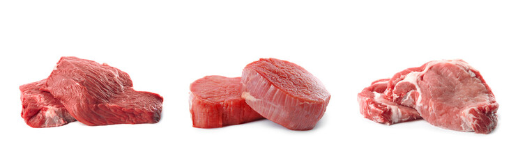 Set with raw meat on white background. Banner design