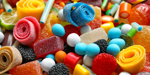 Many different yummy candies as background. Banner design