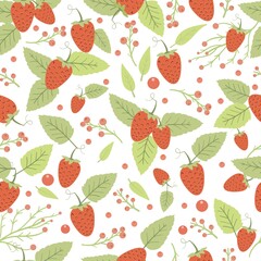 Seamless pattern with strawberries and leaves. Colorful summer background with berries and foliage. Vector illustration for wallpaper, textile, wrapping.