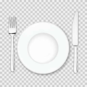 Empty plate with knife and fork isolated on white. Vector EPS10 illustration.