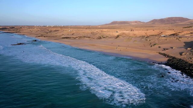 Spain, Canary Islands, Fuerteventura, aerial view of El Cotillo, Playa del Castillo and El Cotillo Kite Beach