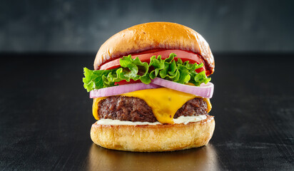 thick cheeseburger with american cheese, lettuce tomato and onion - obrazy, fototapety, plakaty