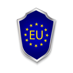 EU badge on the shield. Symbol of countries security. Blue illustration of European patriotism. Stock photo.