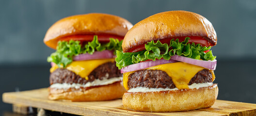two beefy cheeseburgers with american cheese, lettuce tomato and onion - obrazy, fototapety, plakaty