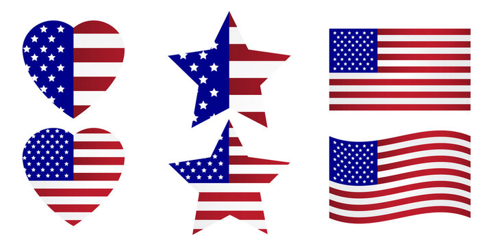Vector of American flags. Flat images of different shapes of usa symbols. Stock Photo.
