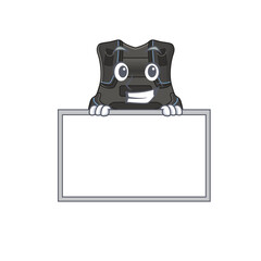 Funny cartoon design style scuba buoyancy compensatorstanding behind a board