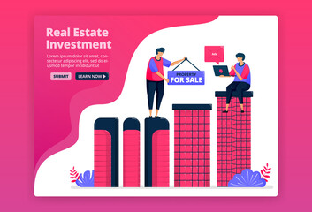 Vector illustration of investing by buying urban property, real estate or apartments. Increase wealth by purchasing property.  Can be used for landing page, website, web, mobile apps, posters, flyers