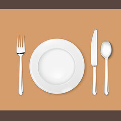 Realistic flatware set (spoon, fork, knife and plate) isolated on white background. EPS 10 file, no transparency.