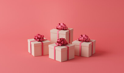 White gift boxes with Pink ribbon, on a isolated Pink and Living Coral color background. Concept for women, holidays. Valentine's Day or wedding day romantic background for banner, events. 3D render
