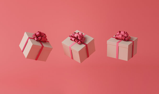 White gift boxes with Pink ribbon, on a isolated Pink and Living Coral color background. Concept for women, holidays. Valentine's Day or wedding day romantic background for banner, events. 3D render
