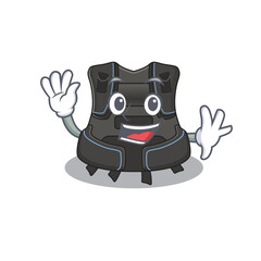 A charismatic scuba buoyancy compensator mascot design concept smiling and waving hand