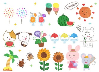 Fototapeta premium 夏 動物 水彩風 イラスト カラー セット