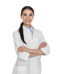 Happy young woman in lab coat on white background