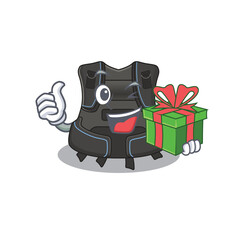 Scuba buoyancy compensator cartoon character concept with a big gift box