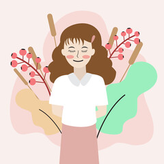 Young woman with smile on flower and leaves background,vector illustration.