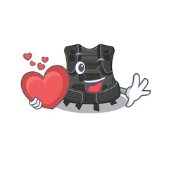 A lovable scuba buoyancy compensator caricature design style holding a big heart