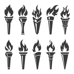 Torch icons set. Vector torches with flame and burning fire on white background