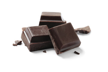 Pieces of delicious dark chocolate isolated on white