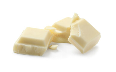 Pieces of delicious chocolate bar isolated on white
