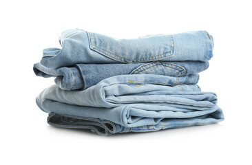 Stack of folded jeans isolated on white