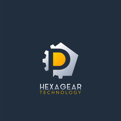 Negative Space P Letter Logo, Techno Hexagonal Gear Vector Design Logo