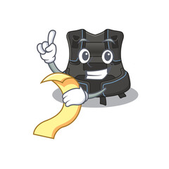 Scuba buoyancy compensator mascot character style with food and beverage menu on his hand