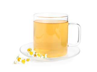 Fresh chamomile tea and dry flowers isolated on white