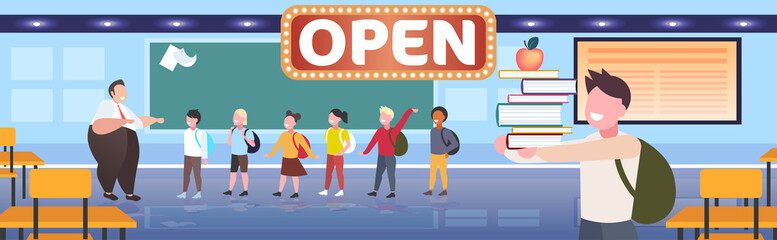 Fototapeta premium pupils with teacher standing in front of chalk board open board coronavirus quarantine is over back to school concept classroom interior horizontal full length vector illustration