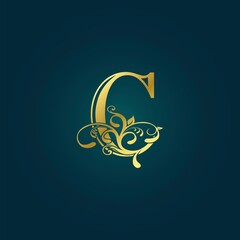 Golden Luxury Initial Letter C Logo Icon Vector Design Concept Floral Leaf