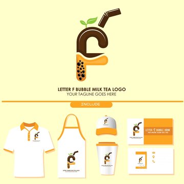 Brand Identity of Bubble Tea Drink or Milk Cocktail Logo with Initial F. Include Shirt. Apron. Hat. Cup. Business Card. Pearl Milk Tea. Popular Asian Drink. For Café and Restaurant Logo. Boba. Taiwan